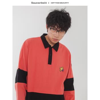 【特價】SAUCERBOI美式復古拼接純棉長袖t恤寬松翻領polo男長袖秋