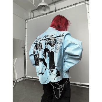 triSEGGA(Sonic Youth)搖滾朋克印花藍色做舊賽車皮夾克寬松外套