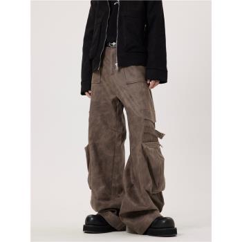 DARKFOG 簡約設計感多口袋寬松直筒潮流皮褲男復古垂感拖地工裝褲