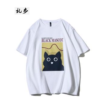 時尚情侶貓咪印花純棉短袖T恤