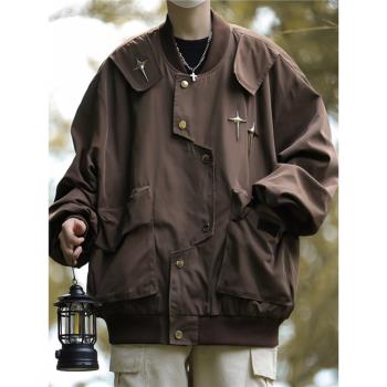 飛行員棒球服外套男秋冬季高級感大口袋寬松不規則工裝沖鋒衣夾克