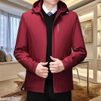 高舒適度秋冬中年男士夾克戶外連帽外套男加絨爸爸裝潮流紅色上衣