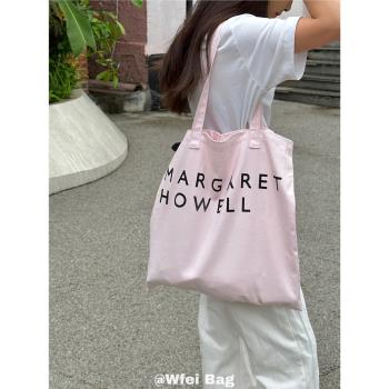 Wfei韓國ins粉色字母帆布包洋氣慵懶風大容量百搭單肩包托特包女