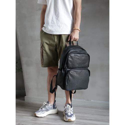 古造頭層牛皮男包新款雙肩包休閑真皮黑色大背包書包電腦包旅行包