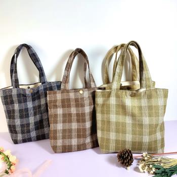 日韓文藝布袋 女包 西裝面料格子包 簡約 手提包 便當包 媽咪包
