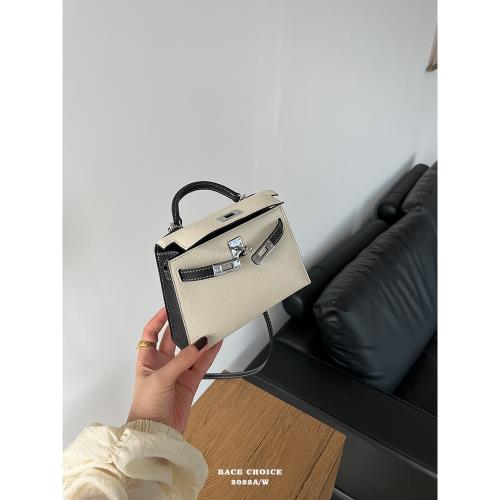 racechoice 手機包 高級感黑白撞色真皮女包迷你二代凱莉包斜挎包