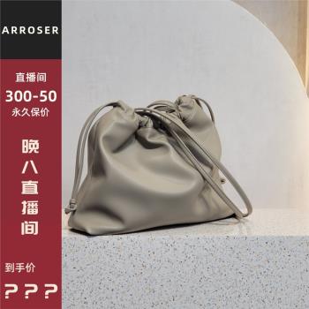高階自由感 大容量抽繩褶皺全皮實用百搭 牛皮手提單肩斜挎女包