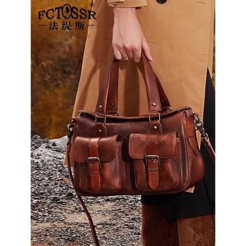 法緹斯復古中性牛皮斜挎包個性大容量手提包原創真皮機車包男女