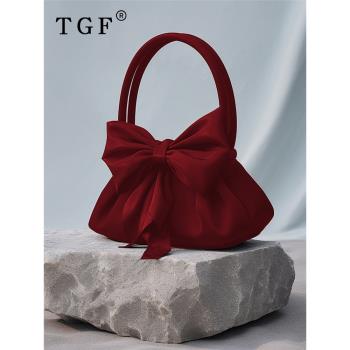 TGF蝴蝶結褶皺紅色新娘手提包