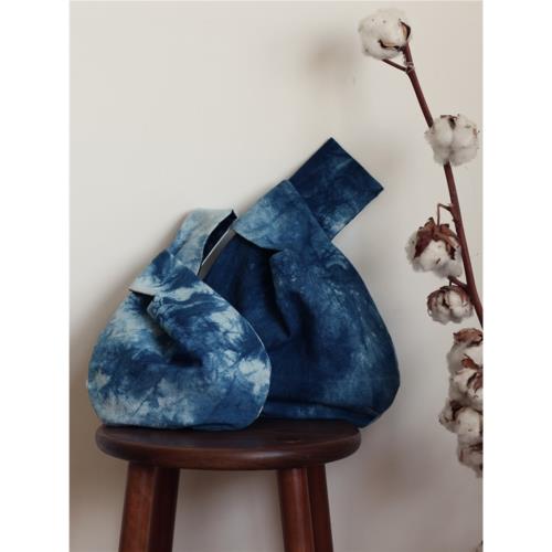 麥田印記 手工古法藍染植物染手腕包 手作布包  散步包 云染