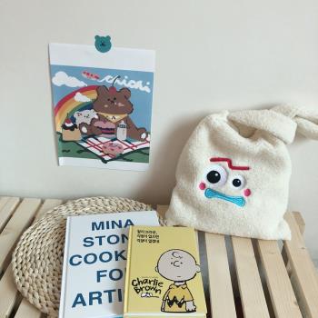 韓國ins卡通叉叉毛絨手提包可愛三眼怪刺繡羊羔絨馬甲手提袋女潮