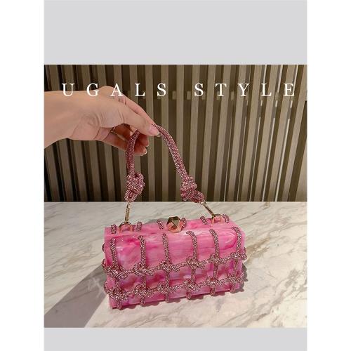 UGALS亞克力大理石編織水鉆石小方包宴會琥珀夾子盒子腋下手拿包