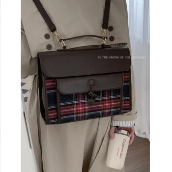 復古學院風格子雙肩包包女2023新款潮韓國背包大容量手提公文包