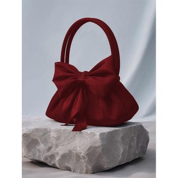 紅色新娘結婚包包女2023新款潮高級質感原創小眾蝴蝶結褶皺手提包