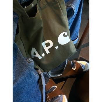 miaM跨境日韓AP.C聯名字母加厚純色帆布包大容量手提購物袋托特包