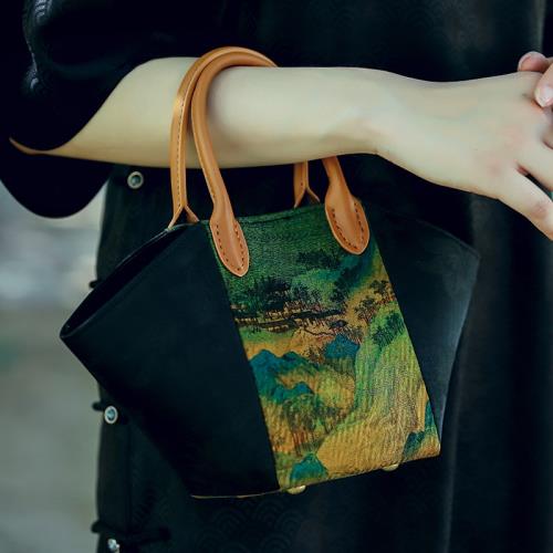 雙姊妹原創設計新品香云紗千里江山手提包小眾菜籃子包扇形水桶包