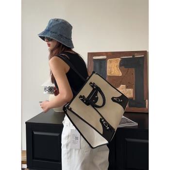 高級帆布托特包可放15寸電腦網紅爆款大包硬挺單肩包時尚潮手提包