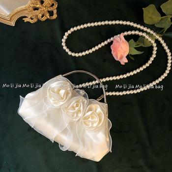 復古珍珠手拎晚宴包2023新款玫瑰花朵包包女宴會包仙女斜挎手提包