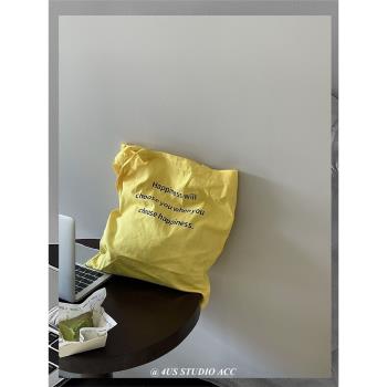 韓系慵懶風明黃色字母印花大容量帆布包女帆布袋單肩托特包購物袋