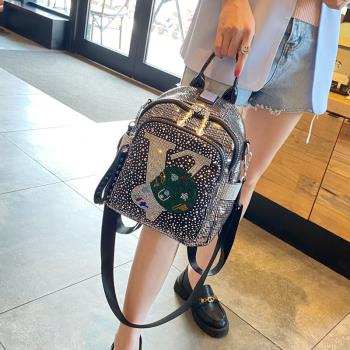 燙鉆女真皮多用高階感個性雙肩包