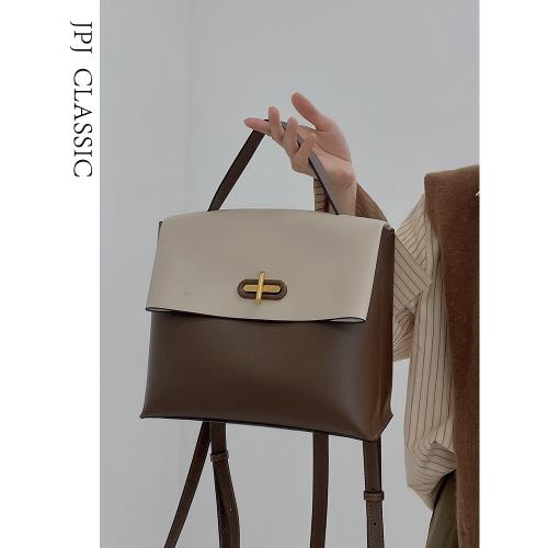 jpjclassic小眾牛皮雙肩背包女撞色百搭單肩斜挎旅游書包休閑包