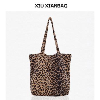 韓版ins絨布單肩大包 時尚簡約托特包購物袋大容量帆布豹紋女大包