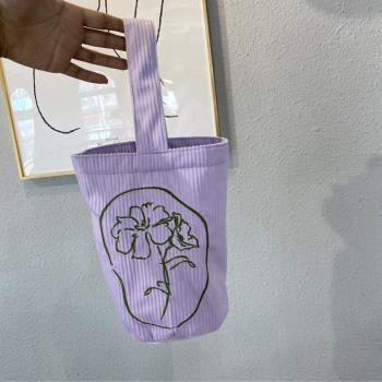 小眾設計便攜小水桶包水杯袋水壺包保溫杯包刺繡手提包輕便小布袋