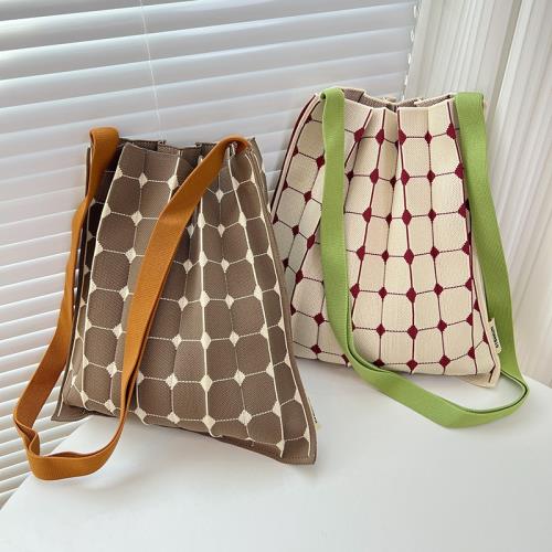 小眾設計針織單肩包女2024新款幾何格子圖案斜挎包chao輕手提包包