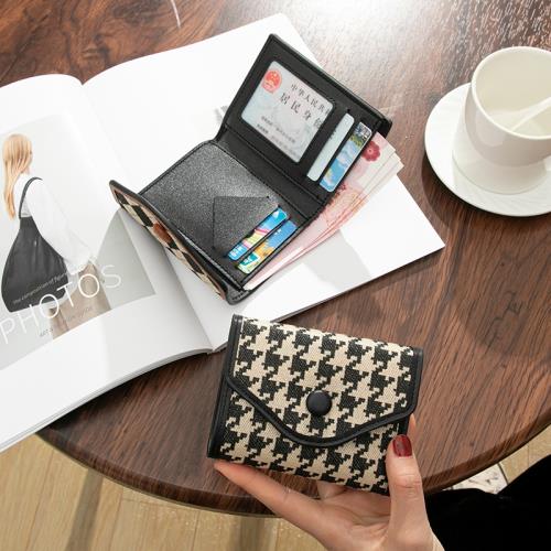 小錢包女短款小眾設計千鳥格帆布零錢包卡包一體包手包女小包手拿