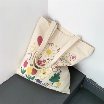新款小清新花朵文創帆布包韓系簡約甜美手提袋學生上課通勤時尚