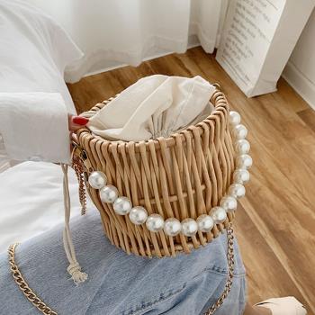 Summer Woven Straw Bags for Women Pearl Chain Round Handmade