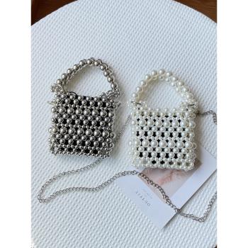 手工自制珍珠包包diy材料迷你仙女鏈條串珠編織包斜挎手機包成品