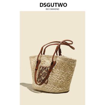 DSGUTWO 法式復古草編包女大容量海邊度假單肩菜籃子托特包沙灘包