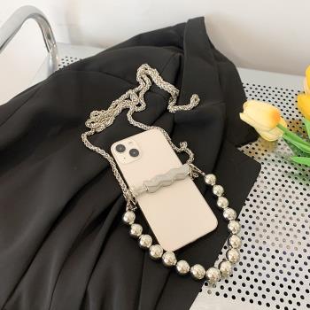 小眾獨特設計手機夾子包珍珠斜挎鏈條裝飾包包個性手機包女潮百搭