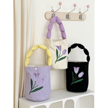 紫色刺繡郁金花 手拎水桶包女帆布 韓版手提包大容量手拎包