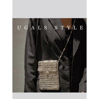 UGALS復古金屬閃亮手工編織串珠珍珠小方包手機包長肩帶斜挎小包