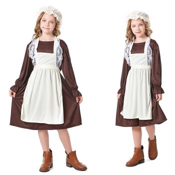 萬圣節兒童灰姑娘窮苦貧民扮演服 棕色老奶奶演出中世紀平民服裝