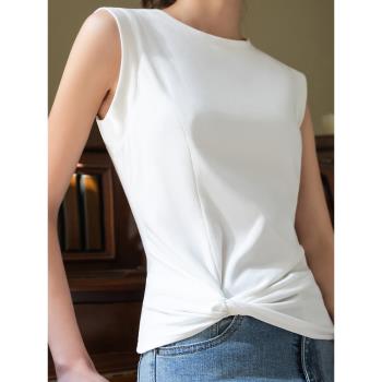白色背心女圓領無袖T恤夏季2023新款扭結小眾設計感掐腰顯瘦上衣