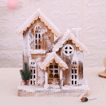 圣誕節裝飾品 木質小房子城堡帶燈櫥窗場景 圣誕木屋布置雪景布置