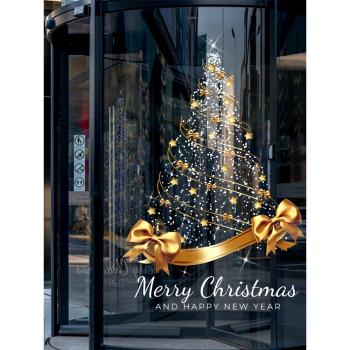 圣誕節裝飾場景布置窗花金色樹裝扮窗貼店鋪櫥窗靜電玻璃門貼紙