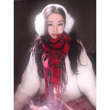 紅色圍巾女2024新款冬女格子蛇年轉運款韓系氛圍感高級感保暖圍脖