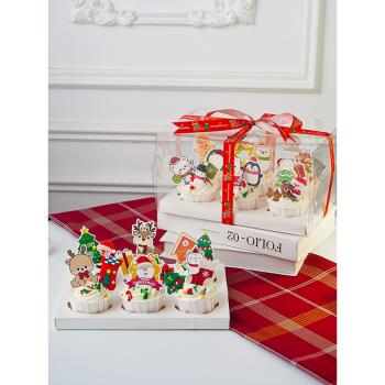 圣誕節6連裝紙杯蛋糕裝飾擺件插牌圣誕老人雪人馬芬杯透明盒插件