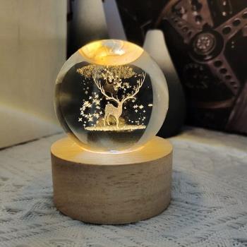 充電款水晶球小夜燈創意擺件3D內雕銀河系四葉草月球宇航員臺燈
