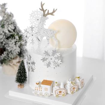 圣誕節生日蛋糕裝飾擺件水晶麋鹿擺件小火車圣誕樹月球燈雪花插件