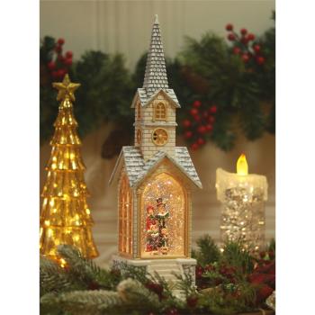 北歐圣誕節禮物飄雪教堂下雪房子發光音樂盒櫥窗氛圍小屋擺件禮品