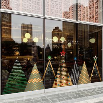 圣誕節裝飾窗花彩色幾何樹場景布置窗貼店鋪櫥窗靜電玻璃貼門貼紙