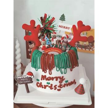韓國圣誕節ins蛋糕裝飾網紅卡通迷你小熊擺件毛絨鹿角圣誕帽插件