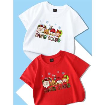 Christmas T-shirt圣誕節老人麋鹿樹男女童紅色短袖t恤兒童親子裝