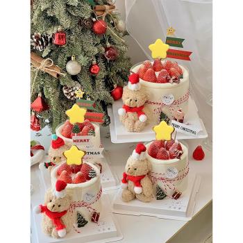 烘焙蛋糕裝飾擺件圣誕節圍巾毛絨小熊玩偶卡通熊網紅草莓蠟燭插件