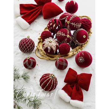 諾琪 圣誕彩繪球植絨暗紅圣誕球diy圣誕樹裝飾球吊飾圣誕節裝飾品
